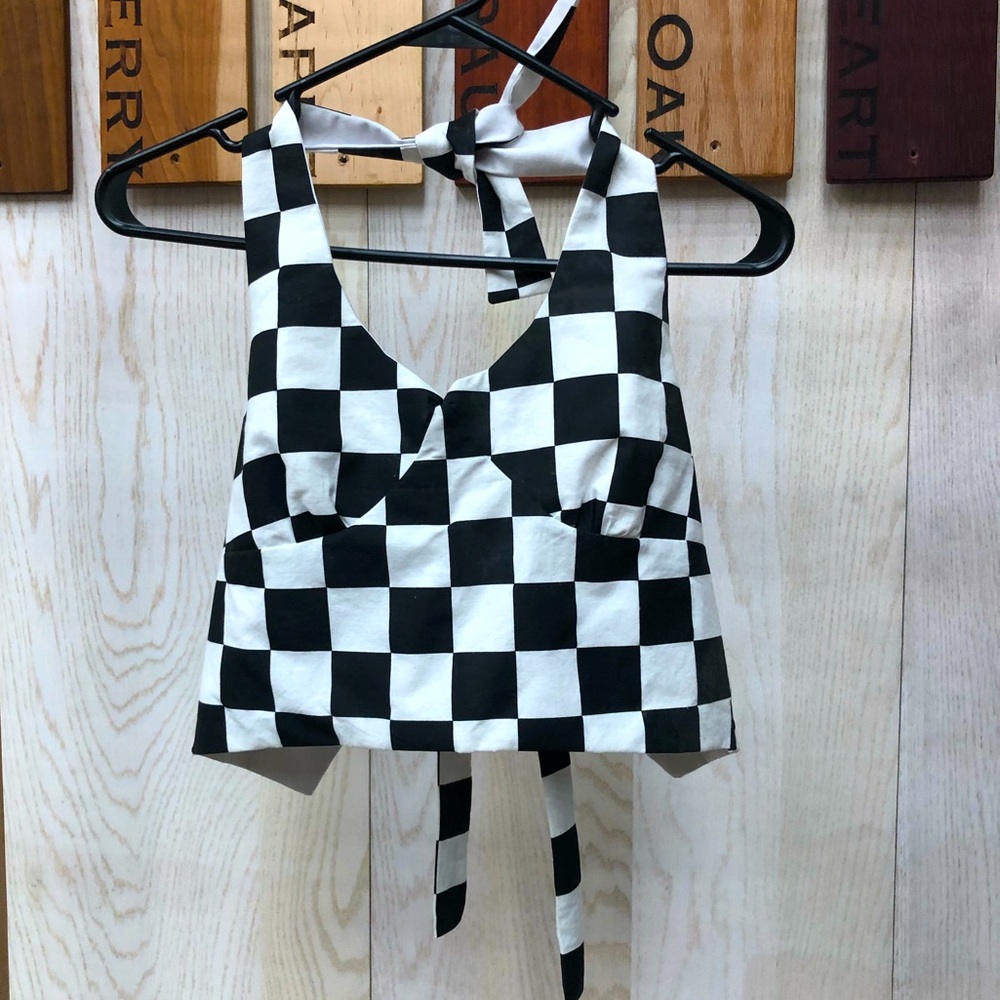 Checked black and white halter crop